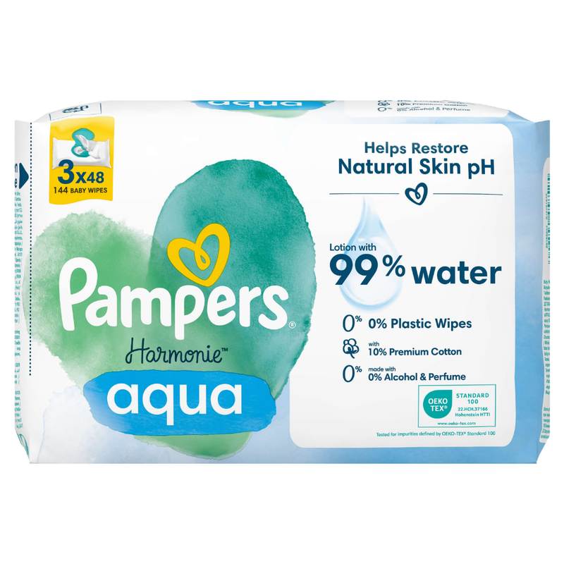 Pampers Harmonie Aqua Lingettes Bébé Sans Plastique - Lot de 3 x 48 = 144 Lingettes