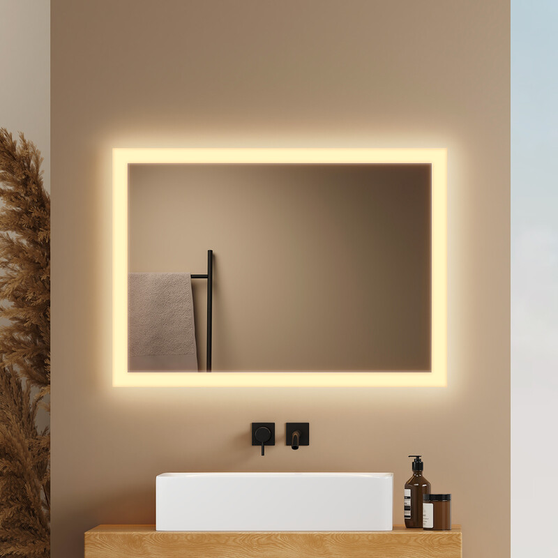 EMKE Badspiegel mit Beleuchtung 50 x 70 cm, Antibeschlag, Badezimmerspiegel mit Druckknopfschalter, warmweißes und kaltweißes Licht, IP44 …
