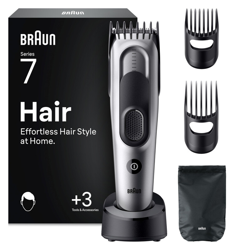 BRAUN Serie 7 Haarschneider & Trimmer für Männer mit 5 Aufsätzen, 17 Längen, lebenslang scharfe Klinge, grau Modell HC7590