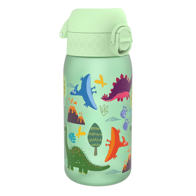ION8 Waterflessen voor kinderen, 350 ml/12 oz, BPA-vrij, lekvrij, vaatwasserbestendig, eenvoudig te openen, veilige vergrendeling, waterfles voor kleine jongens en meisjes, drinkfles voor kinderen voor morsvrij drinken, groen, dinosaurus