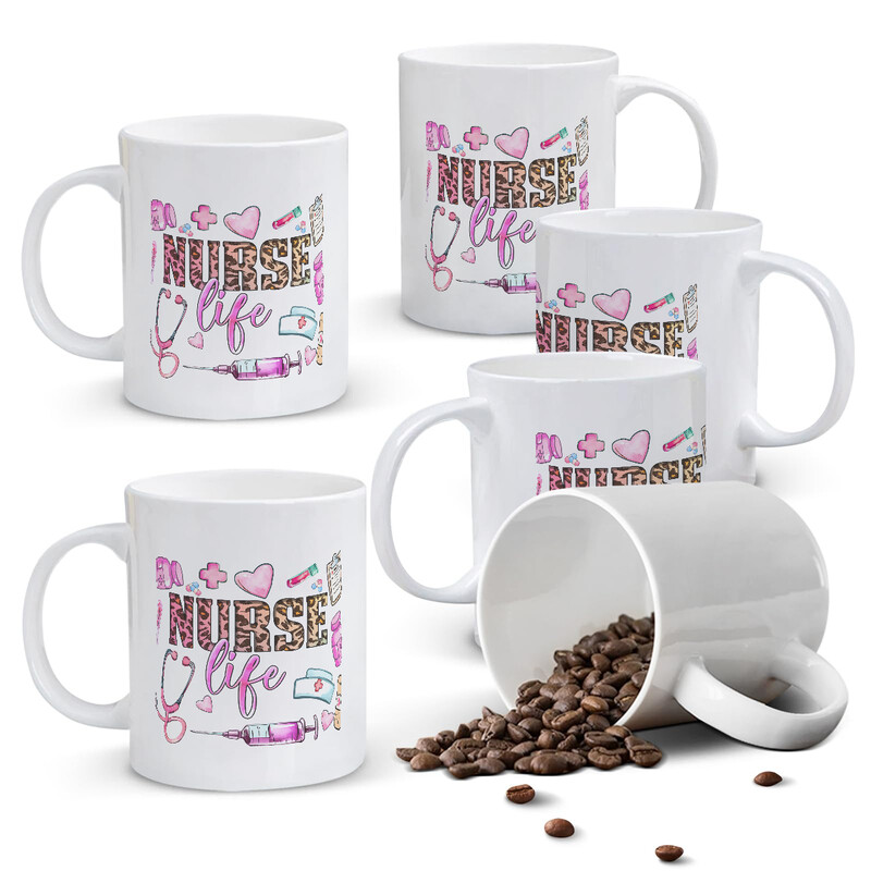 1pc 11oz White Mug with "NURSE life" Quote in Leopard Print & Pink Medical Icons, Emp