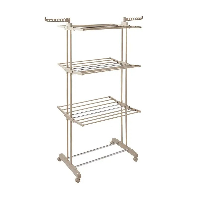 3 Tier Rack Airer with Durable Drying Poles， 14 Hanger Slots， Racks for Shoes， Latte