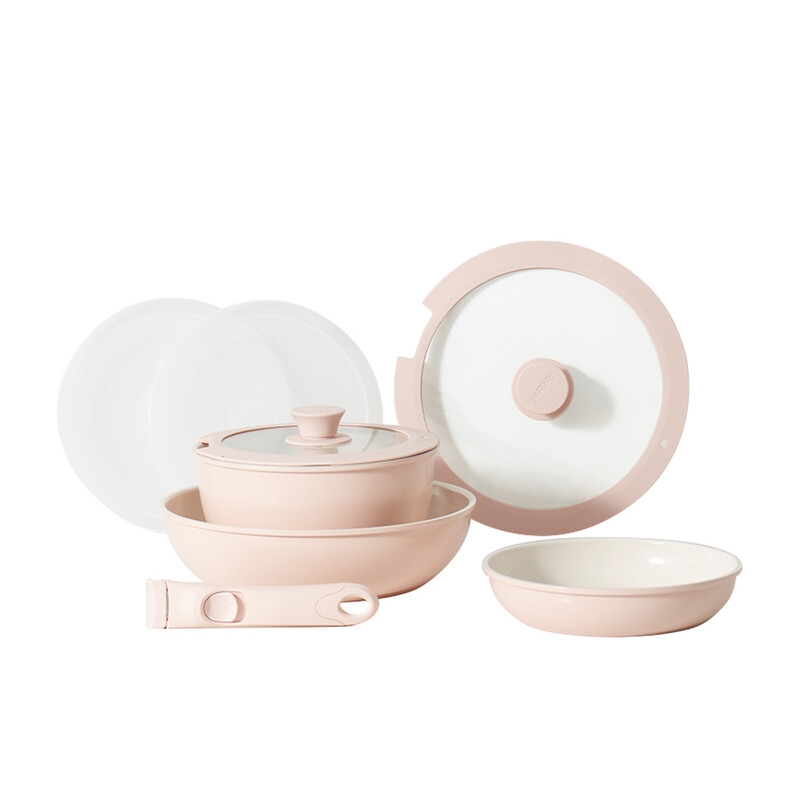 Redchef 8-delig keramisch pannenset met afneembare handgreep, roze & wit, inclusief 20 cm sauspannen, 20 cm pannen en 26 cm wokpan, PTFE/PFAS/PFOA-vrij, vaatwasserbestendig