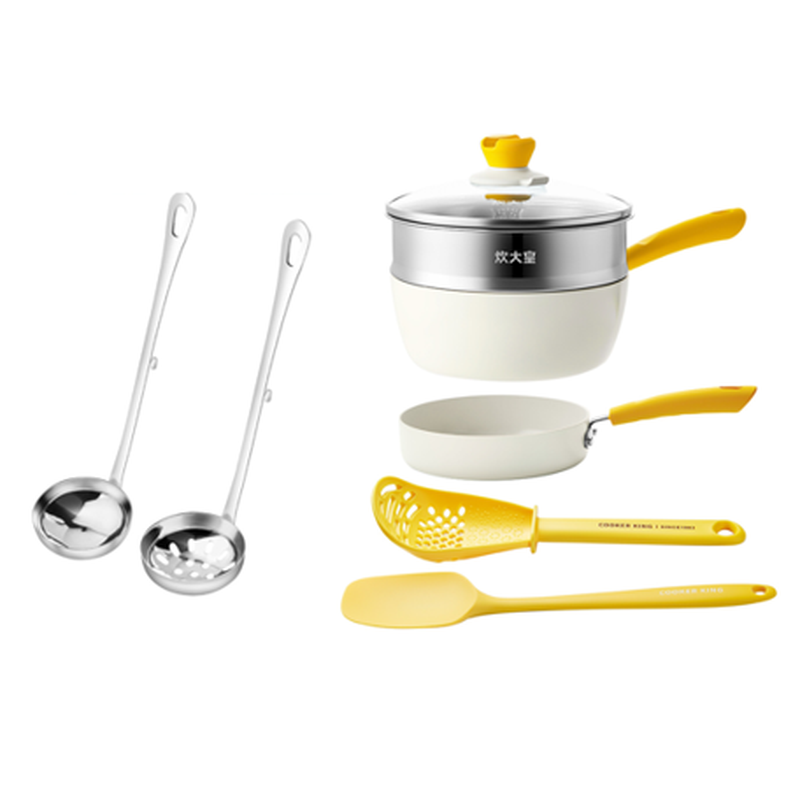 COOKER KING [Kochutensilien-Starter-Set] 5-teiliges Dampfgarer-Set – Kochtopf, Dampfgarer, Bratpfanne + Maxcook 2er-Set – Edelstahl-Hotpot-Schöpflöffel & Schaumlöffel