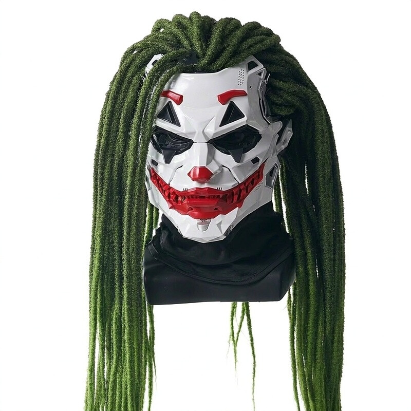 Futuristische Roboter-Klown Vollmaske mit grünen Dreadslocken - Joker Halloween Cosplay Kostüm Einheitsgröße