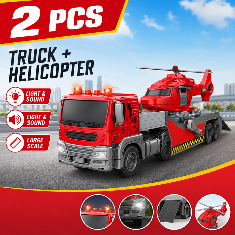LKW mit Hubschrauber-Set: 2-teiliges Spielzeug-Fahrzeug-Set mit realistischen Licht- und Soundeffekten für actionreichen Spielspaß.