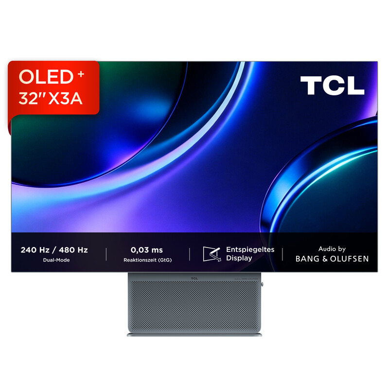TCL 32 × 3 A 32 Zoll OLED Monitor, 4K UHD, 3840 × 2160, OLED+, 240 Hz | 480 Hz FHD, 1.300 Nits, 0,03 ms GtG, Burn-In-Schutz, Stargate-Design, AMD FreeSync Premium, entspiegeltes Display