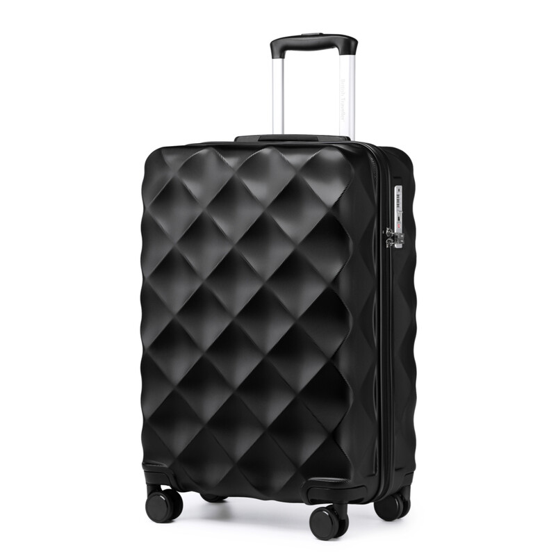 British Traveller 20 Zoll ABS+PC Hartschalen-Kabinenkoffer, Leichter Handgepäckkoffer mit Diamant-Struktur-Design, Schwarz