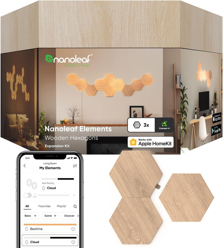 Nanoleaf Elements Hexagon Erweiterungspaket, 3 Zusätzliche Holzoptik-Lichtpaneele - Dimmbare & Modulare Smarte Led-Wlan-Wandmoodlights, Funktioniert Mit Alexa Google Assistant Apple Homekit, Für Raumdekoration