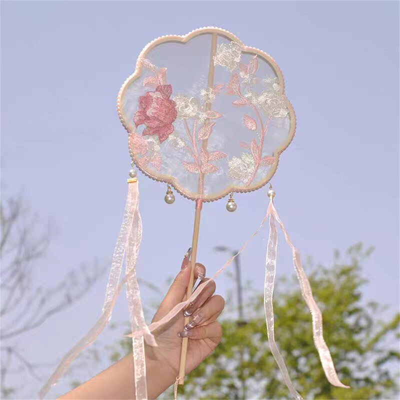Huacan Chinese style retro embroidery fan dance fan classical dance performance fan Hanfu paired with photo long handled fan blue