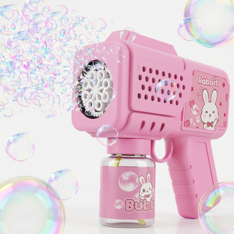 Tokky Rosa Hasen Seifenblasenpistole für Kleinkinder, 360° auslaufsichere automatische Seifenblasenmaschine mit 8-Loch-Hochleistung, inklusive DIY-Aufkleber, BPA-freies Sommerspielzeug für draußen, Geburtstagsgeschenk für Mädchen im Alter von 3-8 Jahren