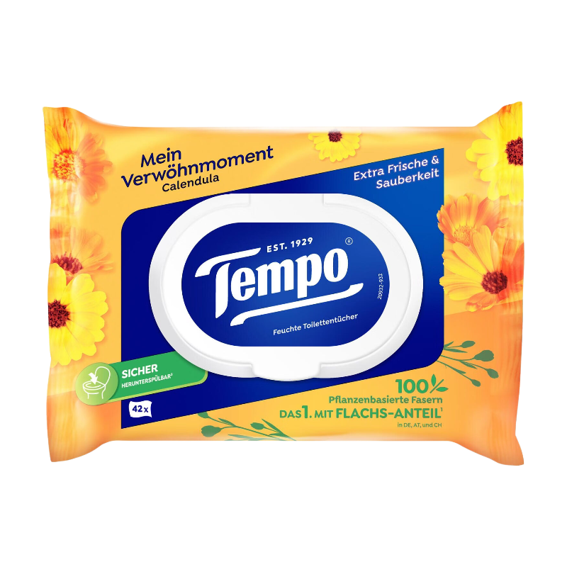 Tempo Feuchtes Toilettenpapier Calendula und Kamille 16 Packungen × 42 Tücher (1 Packung = 42 Tücher) Familienpackung