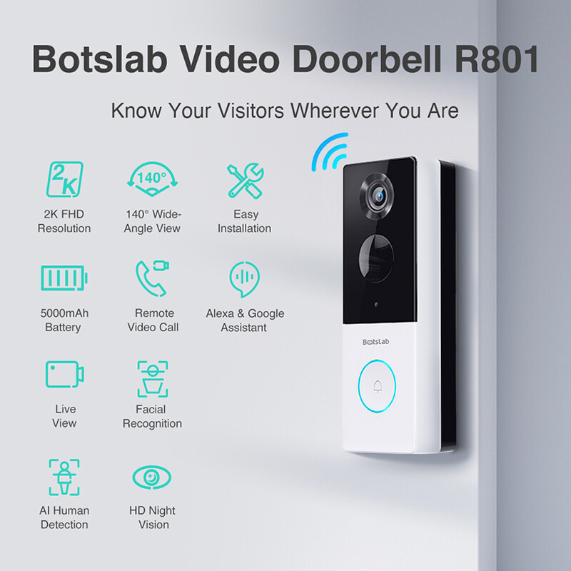 Botslab R801 slimme videodeurbel met 2K QHD-resolutie, 140° groothoekzicht, gezichtsherkenning, intelligente bewegingsregistratie en ondersteuning voor Alexa/Google Assistant.