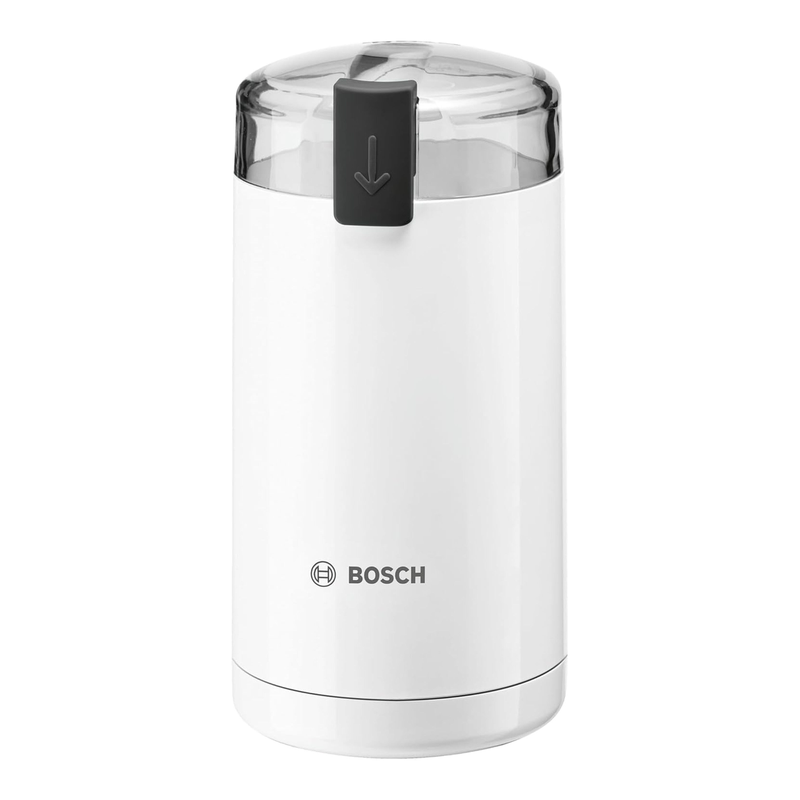 Bosch TSM6A011W Elektrische Kaffeemühle, 180 W, 75 g Fassungsvermögen, Edelstahlmesser, Sicherheitsverriegelung, Weiß