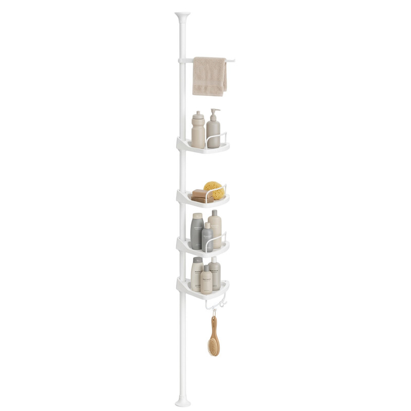 JOYFURNOS Badkamer opbergrek, verstelbaar 4-laags hoekrek voor de douche, organiser voor de badkamer, wit