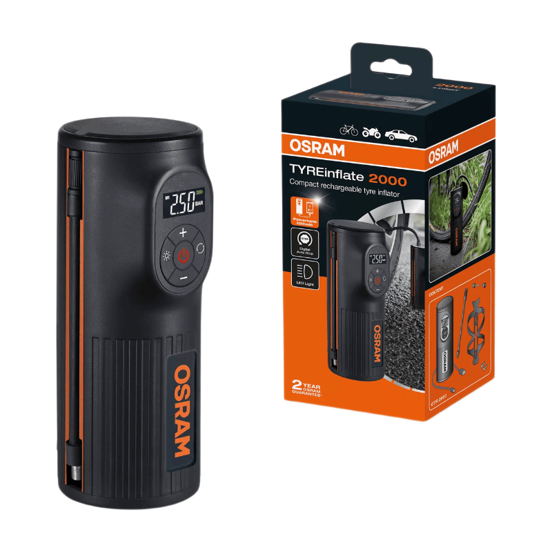 OSRAM TYREinflate 2000, compacte, oplaadbare bandenpomp met LED-verlichting, draagbare compressor voor banden, stroomvoorziening via USB, bandenopblazen in 2 min.