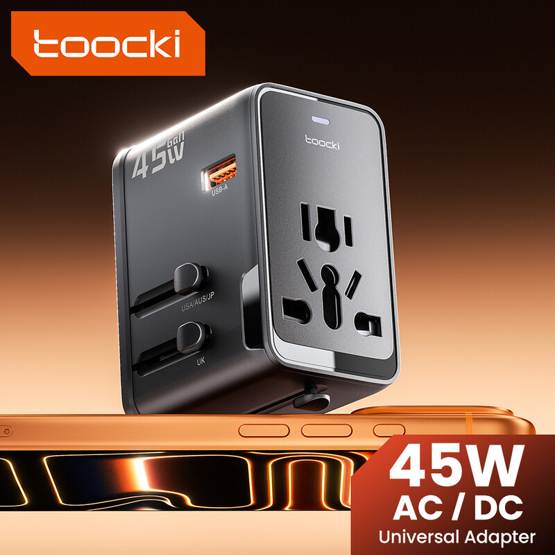 toocki Universal-Reiseadapter 45 W PD-Schnellladegerät – Internationales Stromadapter mit 1 USB-A & 2 USB-C-Anschlüssen – Steckeradapter für EU, UK, US, AUS