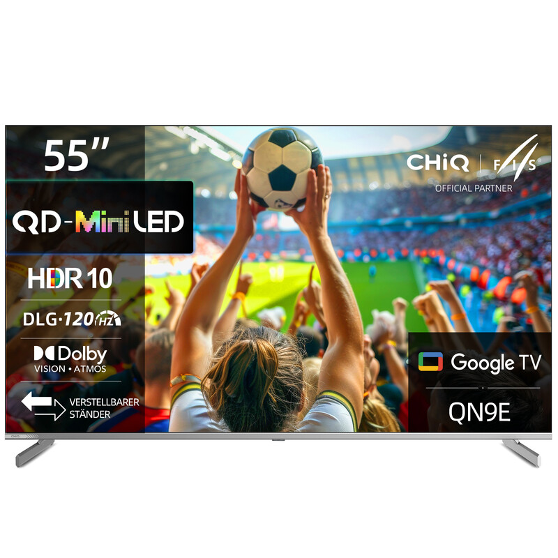 CHiQ Fernseher 55 Zoll (139 cm), 4K Mini LED Smart TV, Wide Gamut, MEMC&Local Dimming, DLG 120Hz, AirPlay&Chromecast Built-in, Dolby Vision& Atmos, Rahmenlos M55QN9E