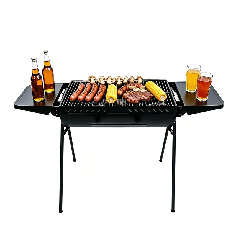 Tragbarer Holzkohlegrill mit Drehspieß, klappbar und Seitenablagen für den Außenbereich, 70 x 35 cm Grillfläche