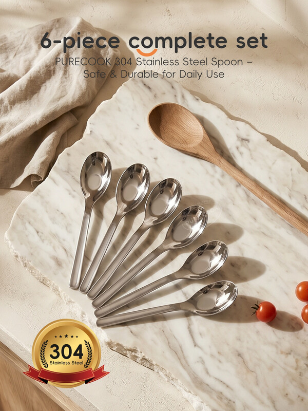 PURECOOK Tafelgeschirr-Serie | 304er Edelstahl | 6-teiliges Set flacher Suppenlöffel