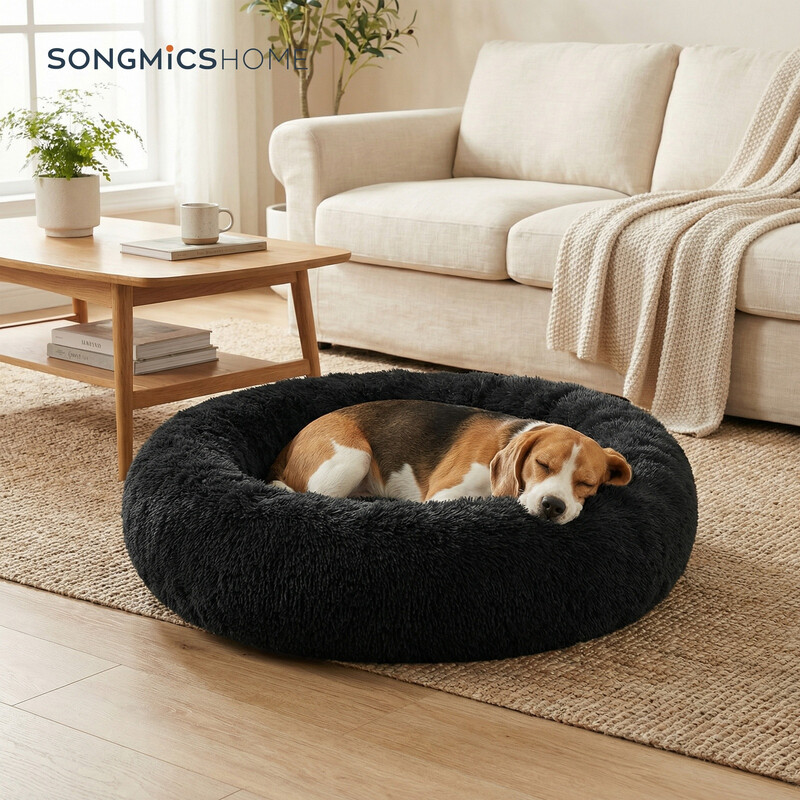 Ochama zacht pluche donut hondenbenchbed met afneembare en wasbare hoes, zwart, 80 x 20 cm, lang pluche haar