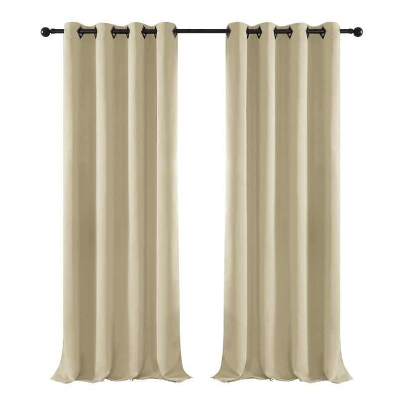 Blackout Plain Fabric 8 Black Square Grommet No Tie Curtain， 2Pcs W132xL214 Deep Beig