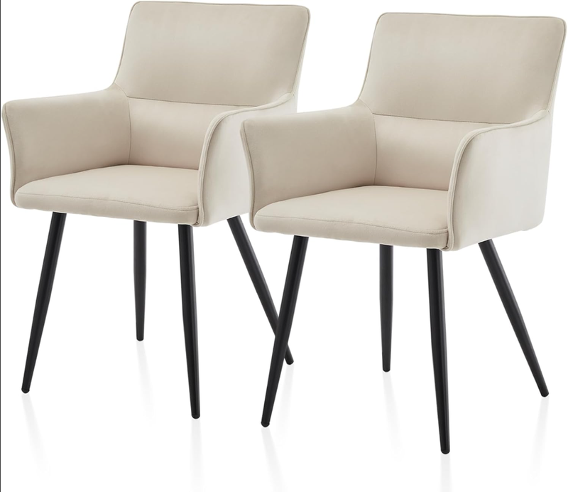 CLIPOP Leisure Dining Chairs Set of 2 Velvet Upholstered Seat Kitchen Chairs with Armrests, Backrest and Metal Legs,0324 cream 55*52*83 cm