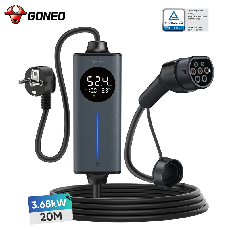 Cargador EV Portátil GONEO Tipo 2 EVSE con Enchufe Schuko 16A 3.68kW, Control de Temperatura en el Enchufe y Caja de Control, Protección RCD 30mA+6mA DC, Temporizador y Ahorro de Energía, Seguridad