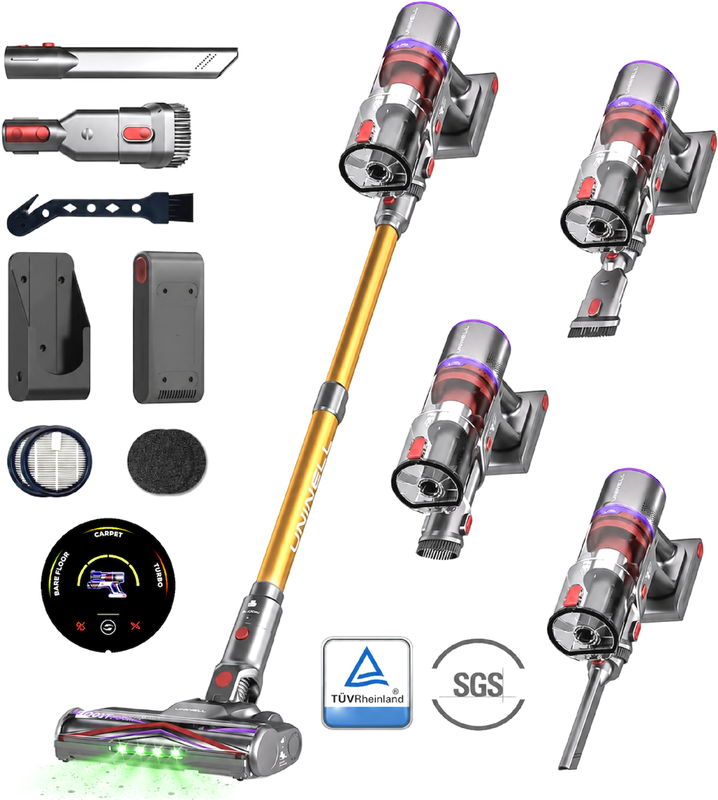 MONSGA X UNINELLHOME UV5 Kabelloser Staubsauger, 60.000 Pa Saugkraft, Extra dicke Anti-Haarverwicklungsbürste, KI-Batteriemanagement, bis zu 65 Min. Laufzeit, freistehender Stielstaubsauger mit LED-Touchdisplay für Tierhaare, Teppiche und den gesamten Hau