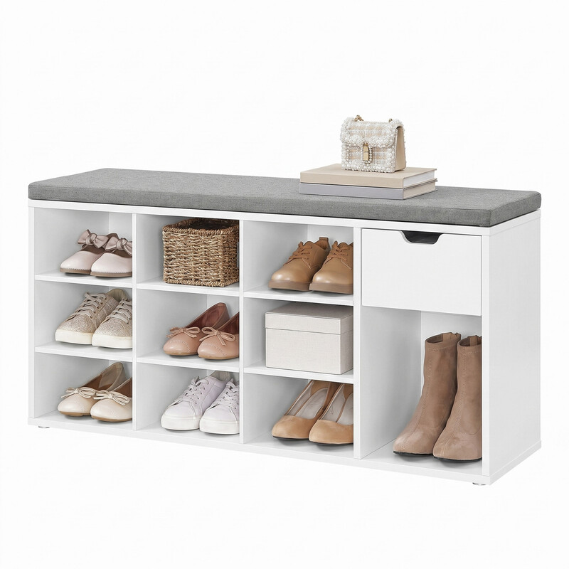 JOYFURNOS Schoenbank met Kussen en Lade, Schoenenrek tot 136 kg, 104 x 30,5 x 48 cm, Wolk wit en Grijs