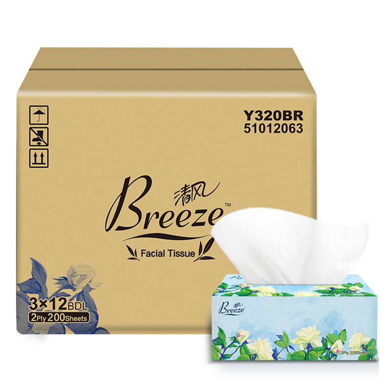 Breeze Blossom Box Gesichtstücher L, 2-lagig, 200 Blatt x 36 Boxen (3 ×12), insgesamt 7200 Blatt, weich & hautfreundlich, großes Format, Blumenmuster, für Wohnzimmer, Esstisch, Schlafzimmer, Büro, Familien-Großpackung