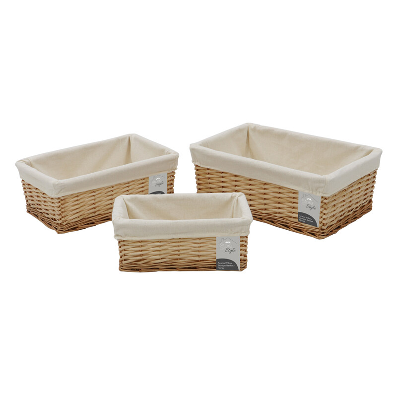 Acacia Rectangular Willow Storage Baskets with Lining - Set of 3, Honey Finish