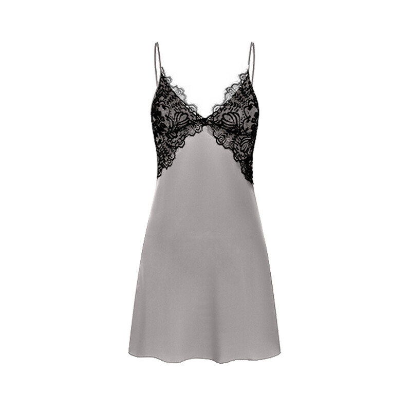 chest lace v-neck gris fume silk-like suspender dress XL
