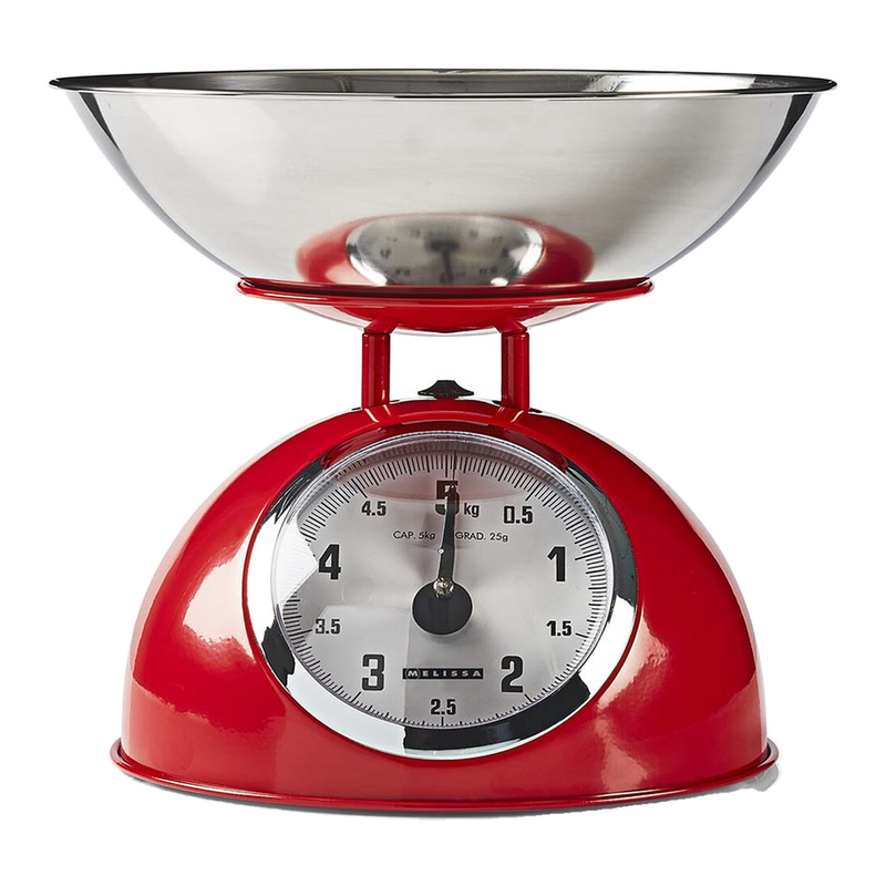 MELISSA Retro keukenweegschaal | Analoog | Metalen behuizing | Afneembare kom | Max. 5 kg | 25 gram stappen | Rood
