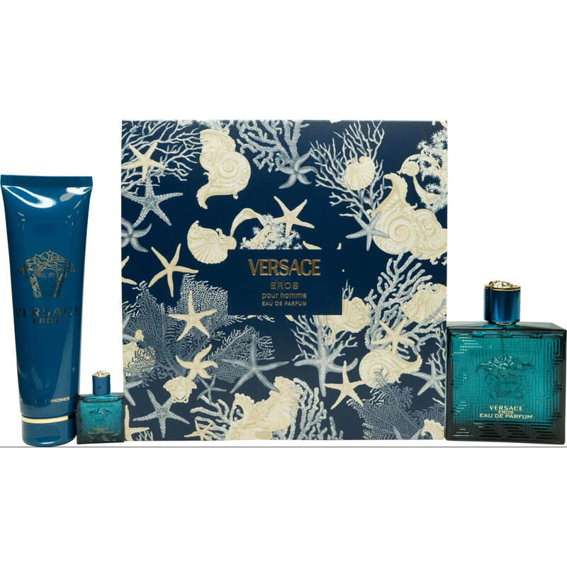 Versace Eros Pour Homme Geschenkset 3-teilig mit Eau de Parfum 100 ml, Miniatur 5 ml und Duschgel 150 ml – Ein Duft für Männer