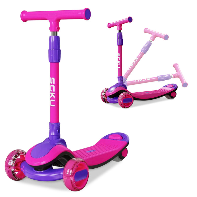 Kids Kick Scooter, LED Lighted Wheels and 4 Adjustable Height Handlebars, Lean-to-Ste