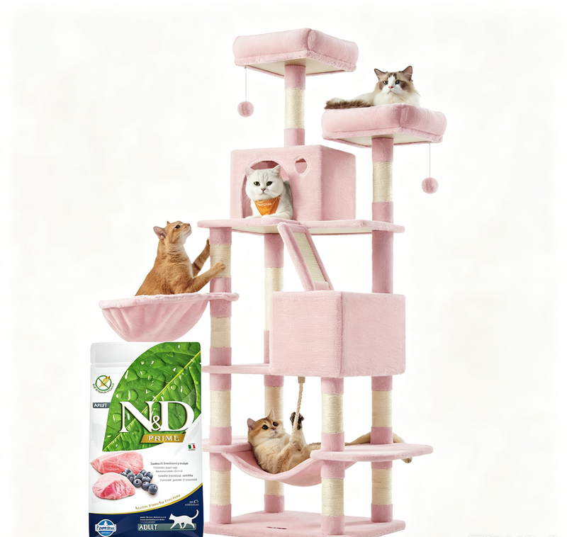 Farmina N&D Prime Katze Lamm 1,5 kg und Kratzbaum, 168 cm hoch, Größe L, mit 13 Kratzsäulen, 2 Plattformen, 2 Höhlen, Korb, Hängematte, Plüschbälle, mehrstöckiger Kratzbaum, Pastellrosa