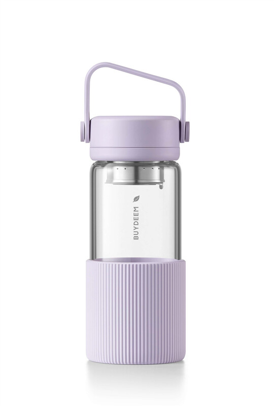 BUYDEEM Draagbare glazen theefles met uitneembare roestvrijstalen theefilter, afgesloten en lekvrij, Uitneembare siliconen bescherming tegen brandwonden, FDA-goedgekeurde materialen, 470 ml, Lavendel