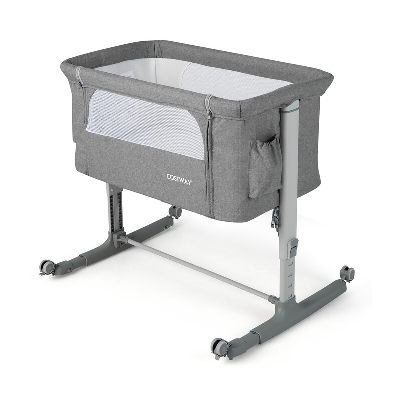 Costway 3-in-1 Babybett-Beistellbett mit 5 einstellbaren Höhenpositionen atmungsaktive Netzrollen Hellgrau