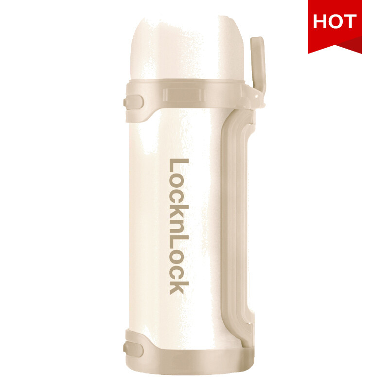 LocknLock Edelstahl-Thermosflasche 1800 ml – Weiße isolierte Vakuumflasche mit breitem Mund & Griff, Behälter für heiße/kalte Getränke für Zuhause, Büro, Reisen & Auto