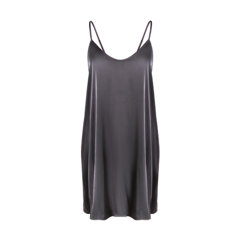 round-neck dark grey silk-like suspender dress L