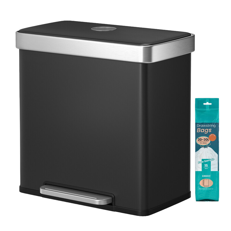 Ochama Dual Compartment Pedal Rubbish Bin, 2 X 30L Stainless Steel Recycling Kitchen Bin, Soft Close Lid, With Inner Buckets, Grey