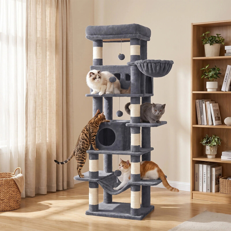 Grote kattenboom 170×50×40 cm, met grote en kleine kattenhokken, 17 palen (8 met sisal), hangmat, kattenmand van 30 cm en 2 afneembare wasbare kussens