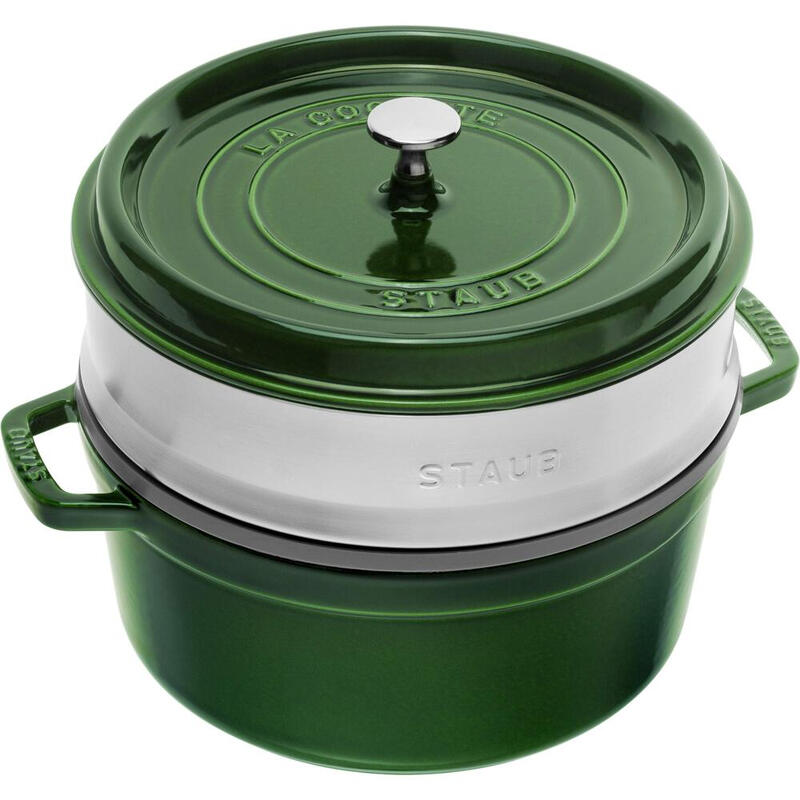 STAUB Gusseisen Bräter 26 cm mit Edelstahl-Dampfeinsatz – Für schonendes Garen und Dämpfen in Basilikumgrün
