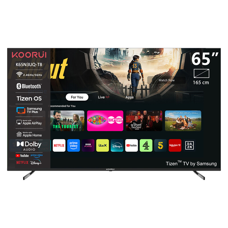 KOORUI K65N3UQ-T8, 65 inch, 4K QLED, TIZEN TV, Randloos ontwerp, Dynamisch geluid met Dolby Audio, Top-end metalen afwerking