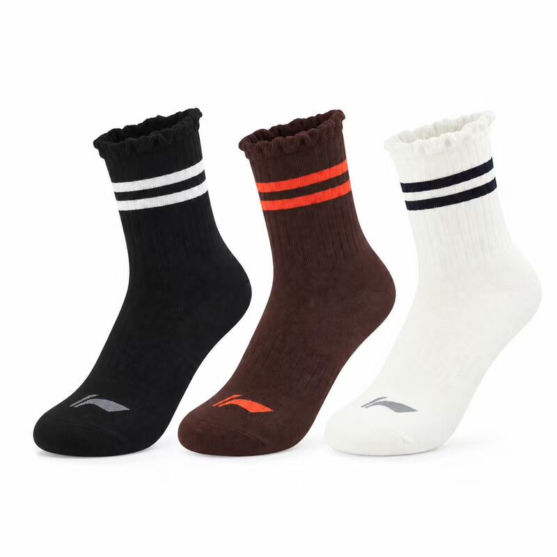 LI-NING mid-cut sokken (3-pack) melk wit/zwart/kokosnoot schaal bruin L