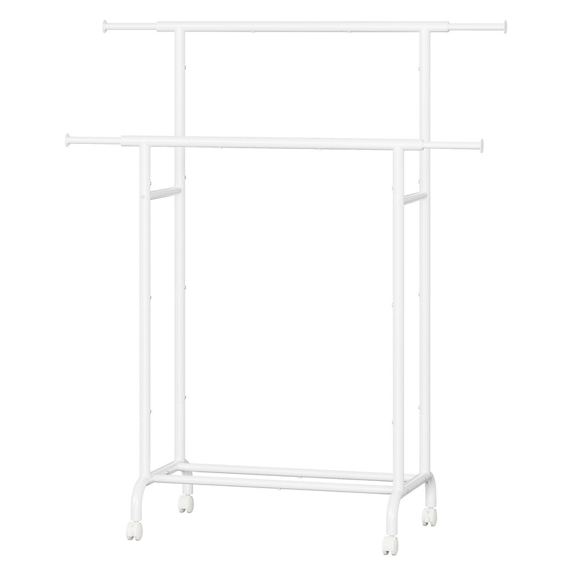 JOYFURNOS Doppel-Kleiderständer mit Rollen, Verstellbare Kleiderstange, Robuster Metallrahmen für Schlafzimmer, 80 kg Belastbarkeit, Weiß