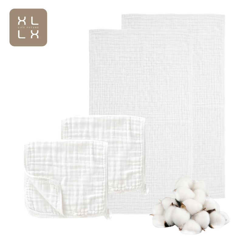 XLLX 100 % Baumwolle Mullwindel Babytuch-Set, 6-lagig Weich & Saugfähig, Für Neugeborene & Kleinkinder, Weiß, 4er-Pack (2 Badetücher 70 x 140 cm & 2 Waschlappen 30 x 50 cm)