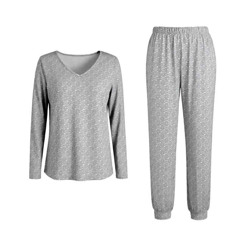 v-neck light grey long sleeved top and pants set M