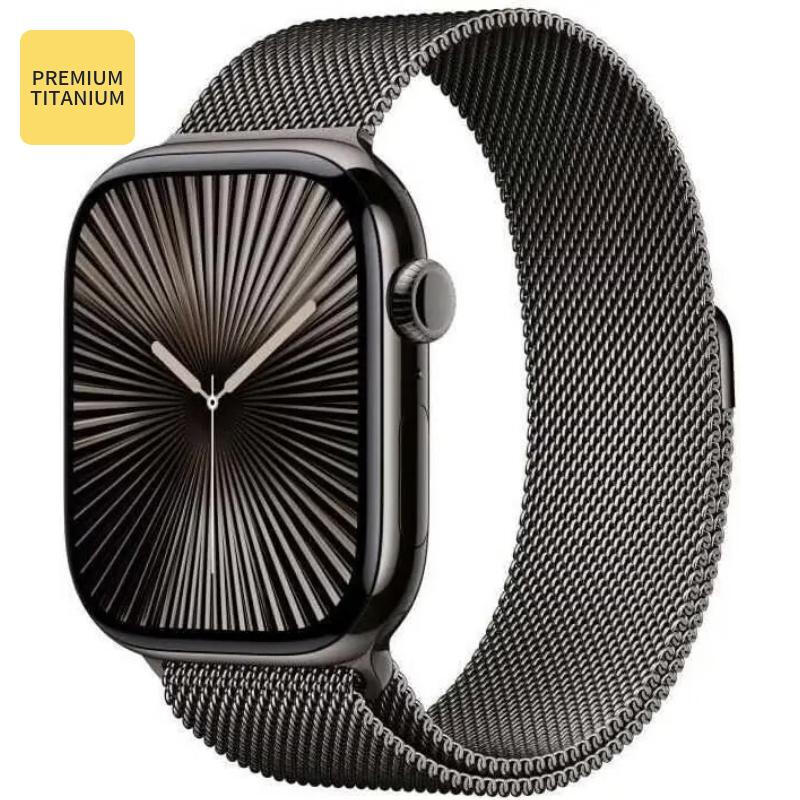 Apple Watch Series 10 GPS + Mobiel 46 mm, met leigrijze titanium kast en Milanese band - S/M